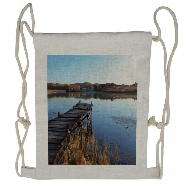 Tranquil Lake Idyllic Pier Drawstring Backpack