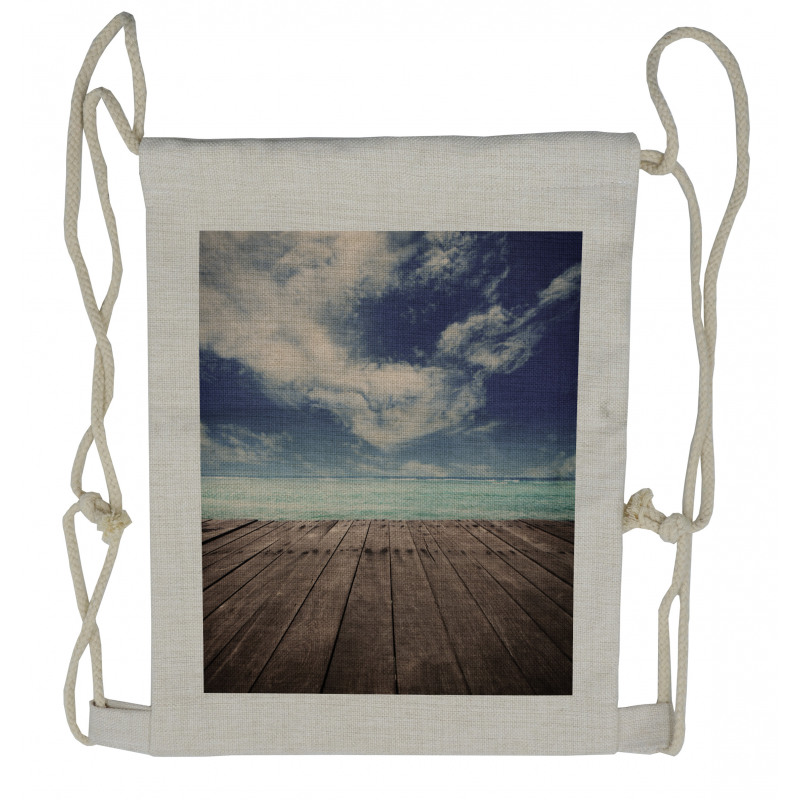 Ocean Cloudy Sky Wooden Pier Drawstring Backpack