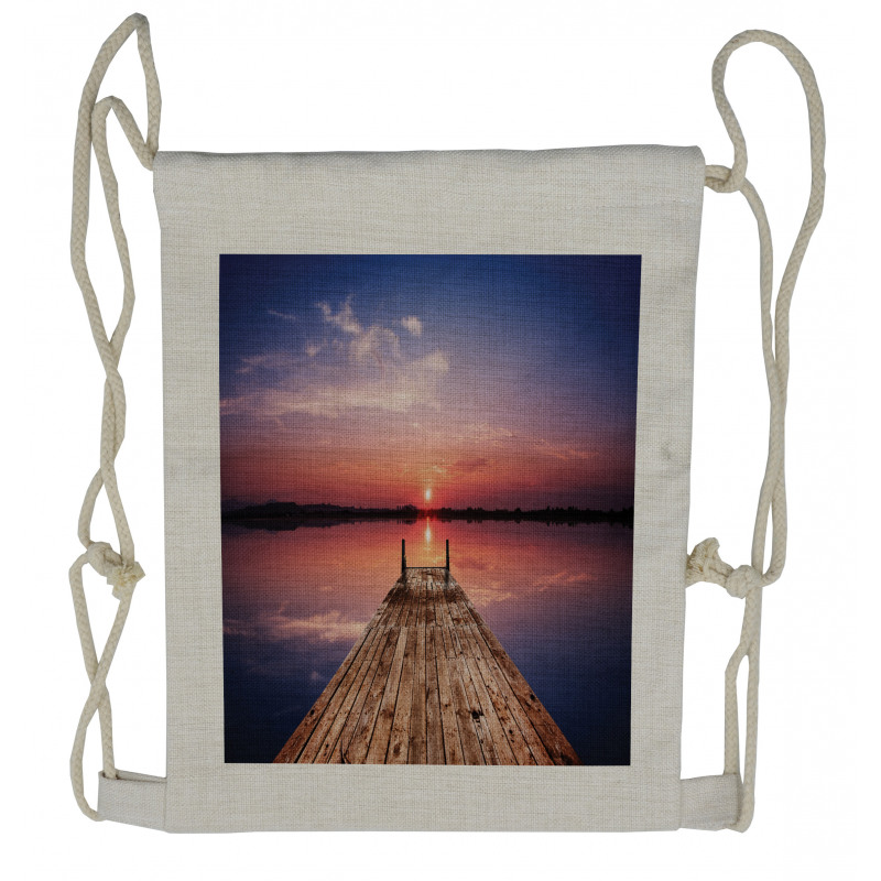 Panoramic Lake Old Pier Sunset Drawstring Backpack