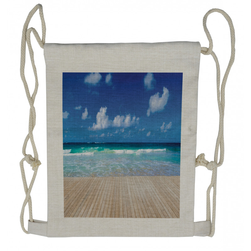 Waves on Wooden Pier Shore Drawstring Backpack