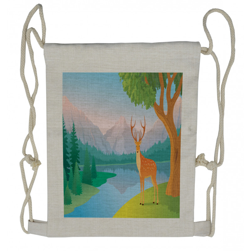 Deer Mountain Landscape Drawstring Backpack