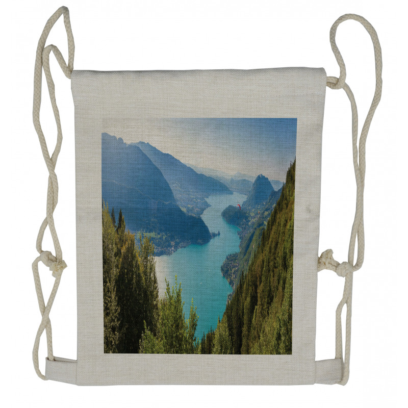 Aerial Annecy Lake Pine Drawstring Backpack