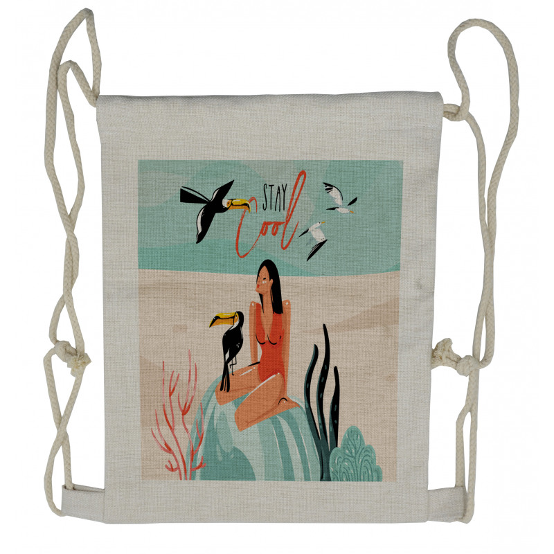 Summer Girl with Toucan Drawstring Backpack