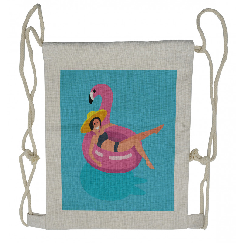 Woman on Rubber Flamingo Drawstring Backpack