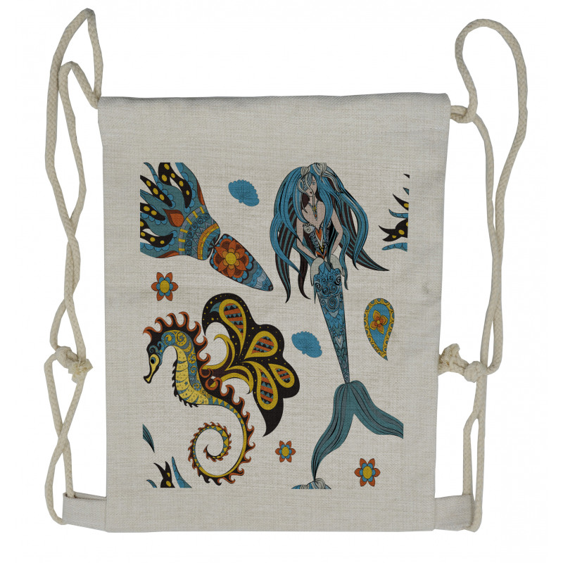 Mermaid and Sea Horse Drawstring Backpack