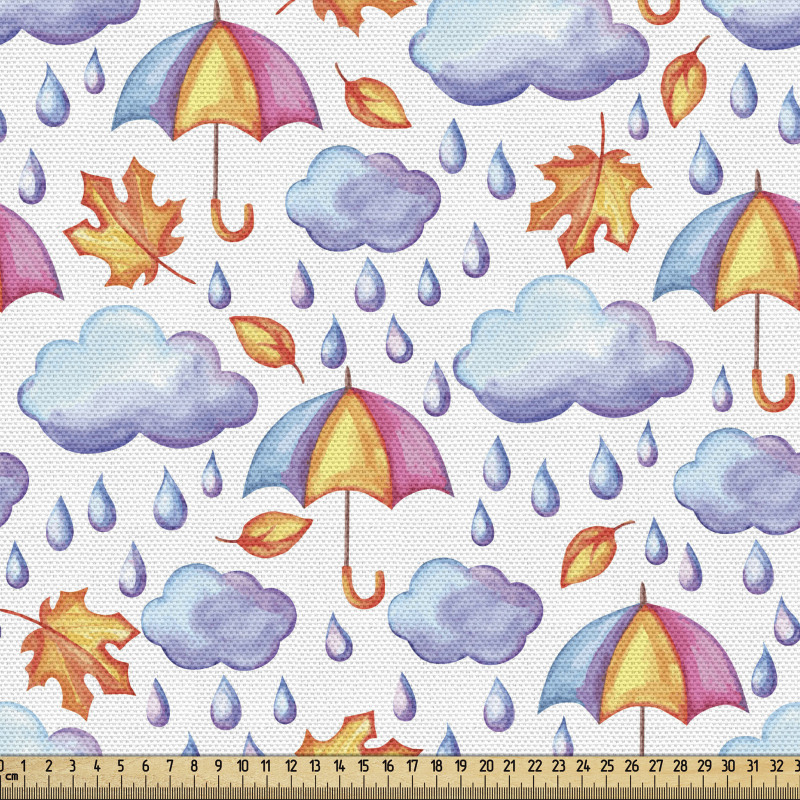 Gökyüzü Parça Kumaş Yağmur Yağan Bulut Şemsiye ve Yaprak Desen