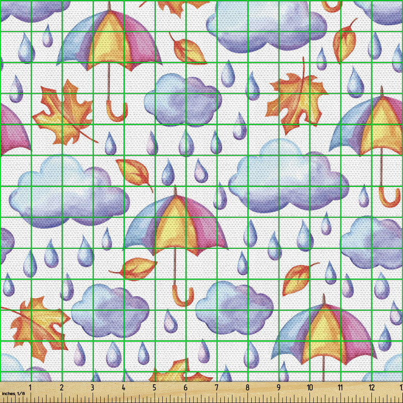 Gökyüzü Parça Kumaş Yağmur Yağan Bulut Şemsiye ve Yaprak Desen