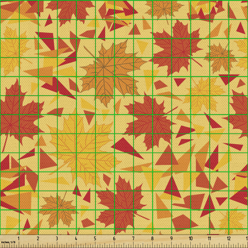 Botanik Parça Kumaş Turuncu  Şekiller ve Sonbahar Yaprakları