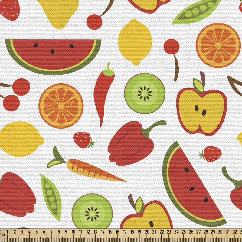Yiyecek Parça Kumaş Beyaz Arka Planda Meyve ve Sebze Çizimleri