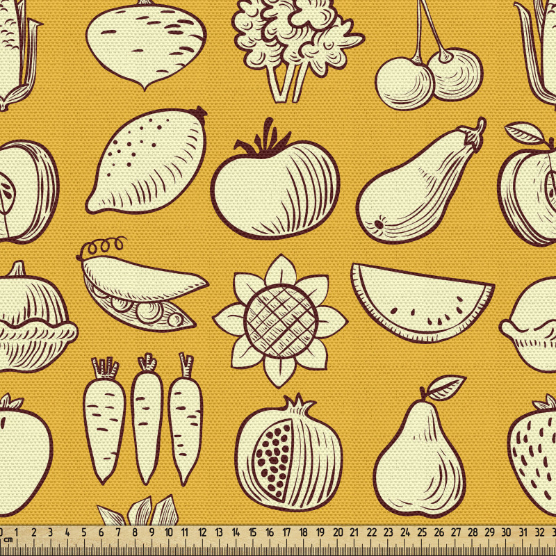 Mutfak Parça Kumaş Sarı Fon Üzerindeki Sebzeler ve Meyveler
