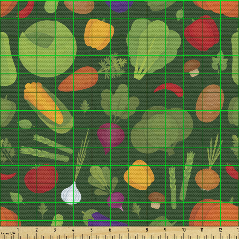 Gıda Parça Kumaş Yeşil Fon Üzerindeki Çeşitli Sebzeler Desenli