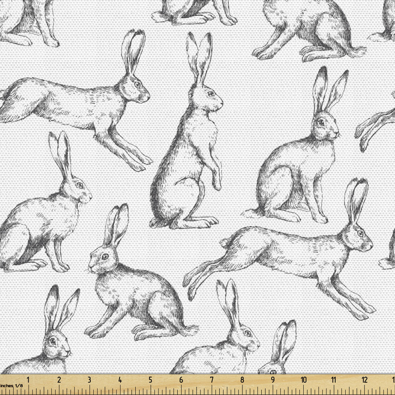 Hayvan Parça Kumaş Beyaz Fon Üzerindeki Gri Tavşanlar Desenli