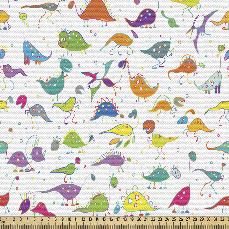 Hayvan Parça Kumaş Farklı Renklerde Sevimli Dinozor Çizimleri