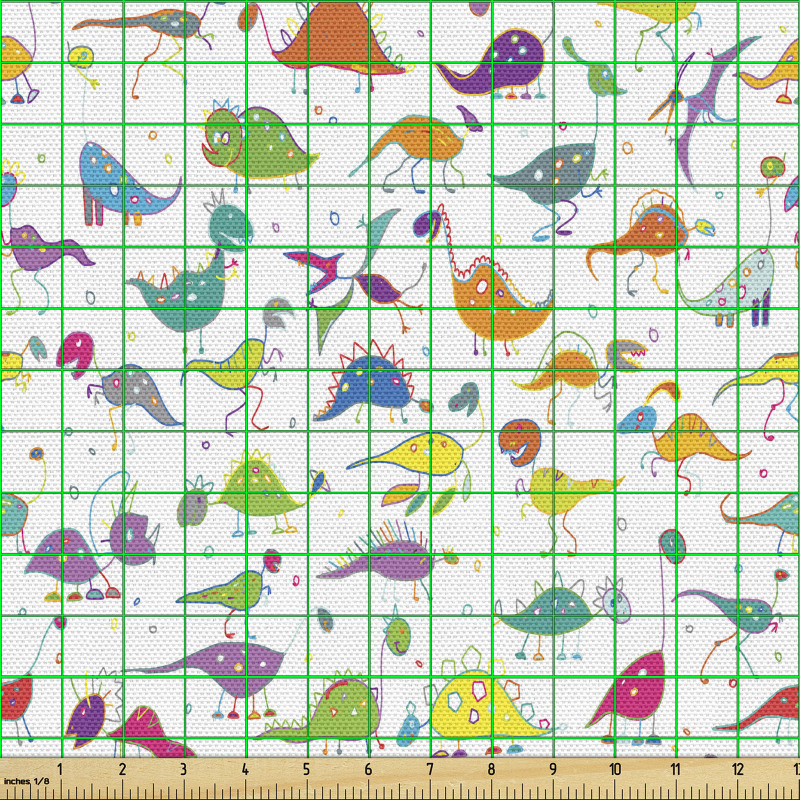 Hayvan Parça Kumaş Farklı Renklerde Sevimli Dinozor Çizimleri