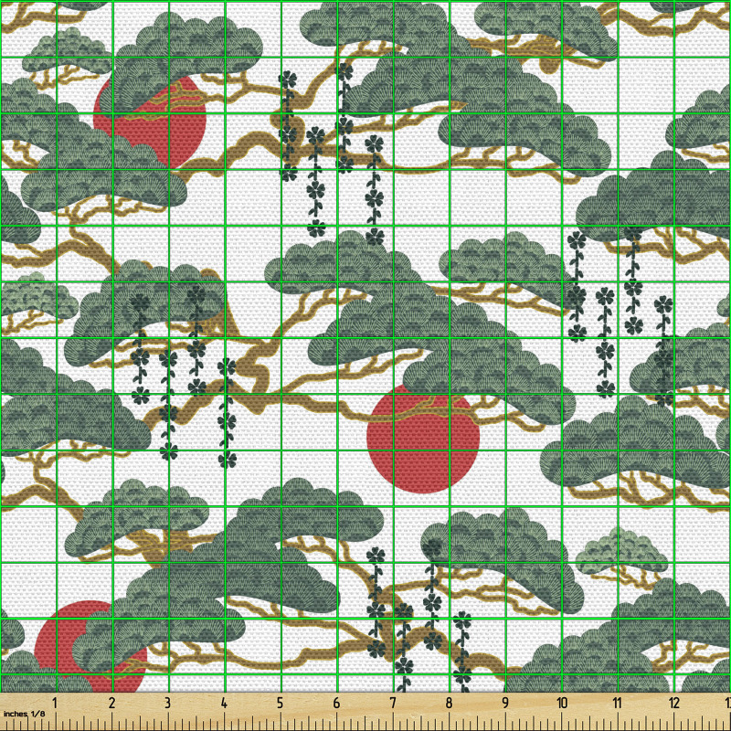Asya Parça Kumaş Uzak Doğu Temalı Ağaç ve Güneş Çalışmaları