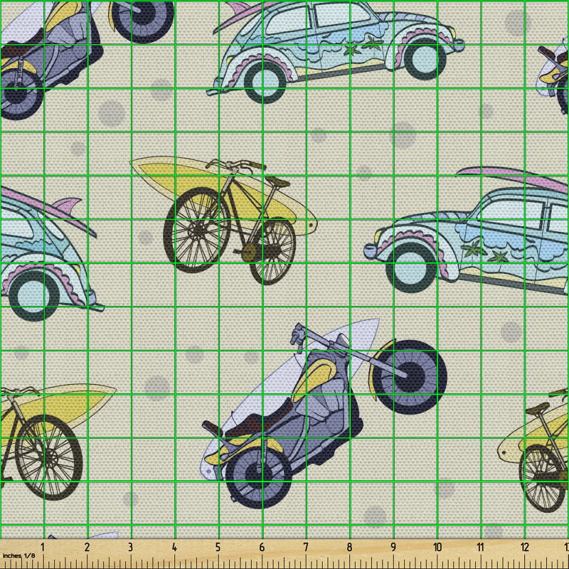 Araç Parça Kumaş Benekli Arka Planda Sevimli Araba Çizimleri