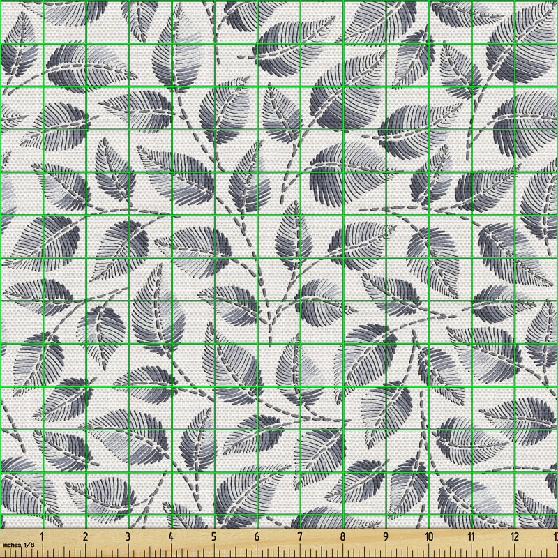 Floral Parça Kumaş Gri Çizgili Yapraklar
