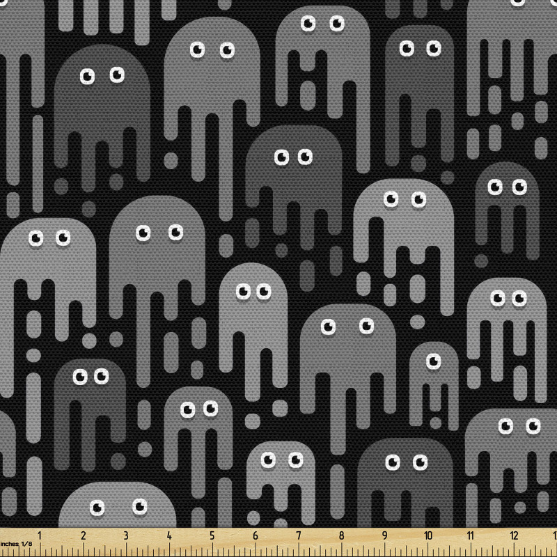 Çizgi Film Parça Kumaş Gri Siyah Canavarlar Mikroplar Desenli