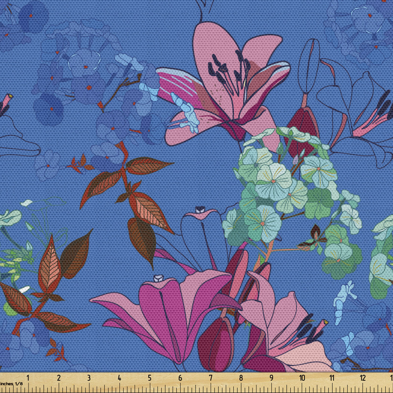 Floral Parça Kumaş Mavi Fon Üzerindeki Pembe Zambaklar Desenli