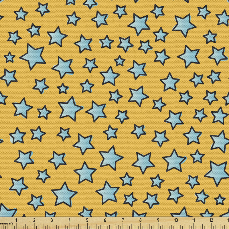 Gökyüzü Parça Kumaş Sarı Fon Üzerindeki Mavi Yıldız Desenli
