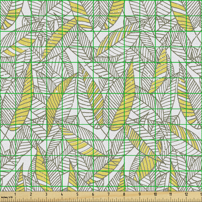Tropikal Parça Kumaş Sarı ve Gri Renklerden Oluşan Yapraklar