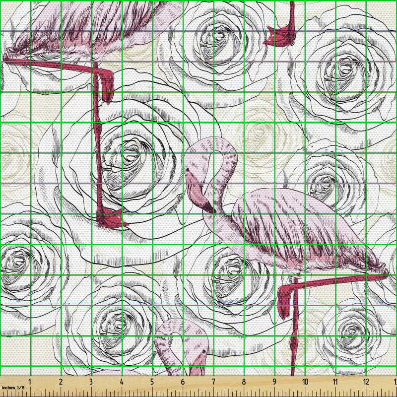Hayvanlar Parça Kumaş Güllerle Kaplı Fon Üzerine Flamingolar