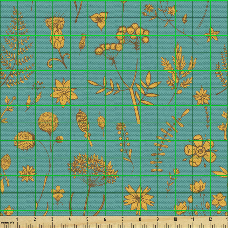 Botanik Parça Kumaş Sade Fon Üzerine Eğrelti Otları ve Çiçekler