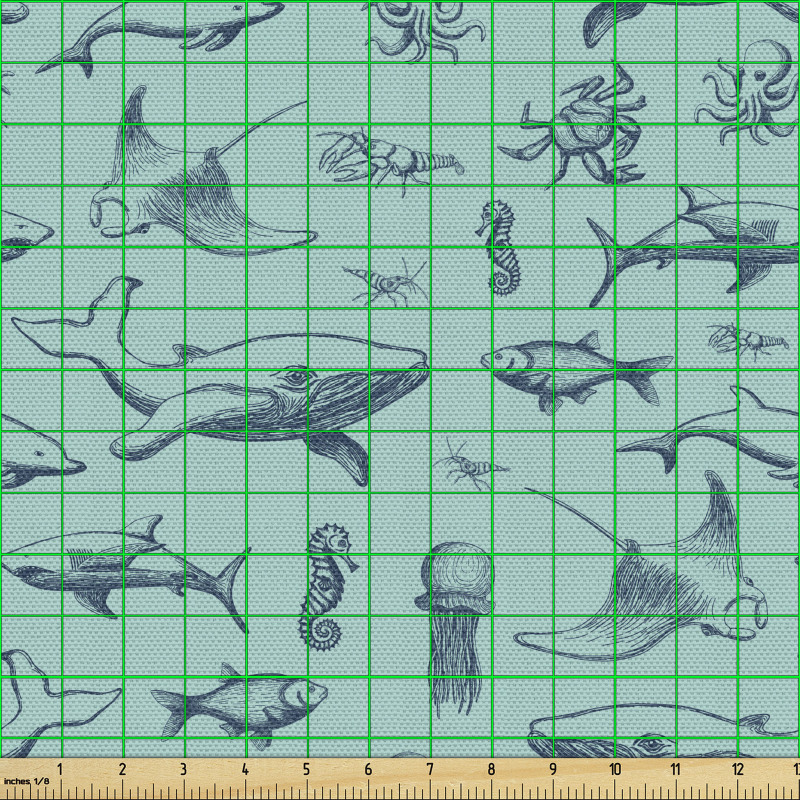 Okyanus Parça Kumaş Karikatür Çizimli Sevimli Deniz Canlıları