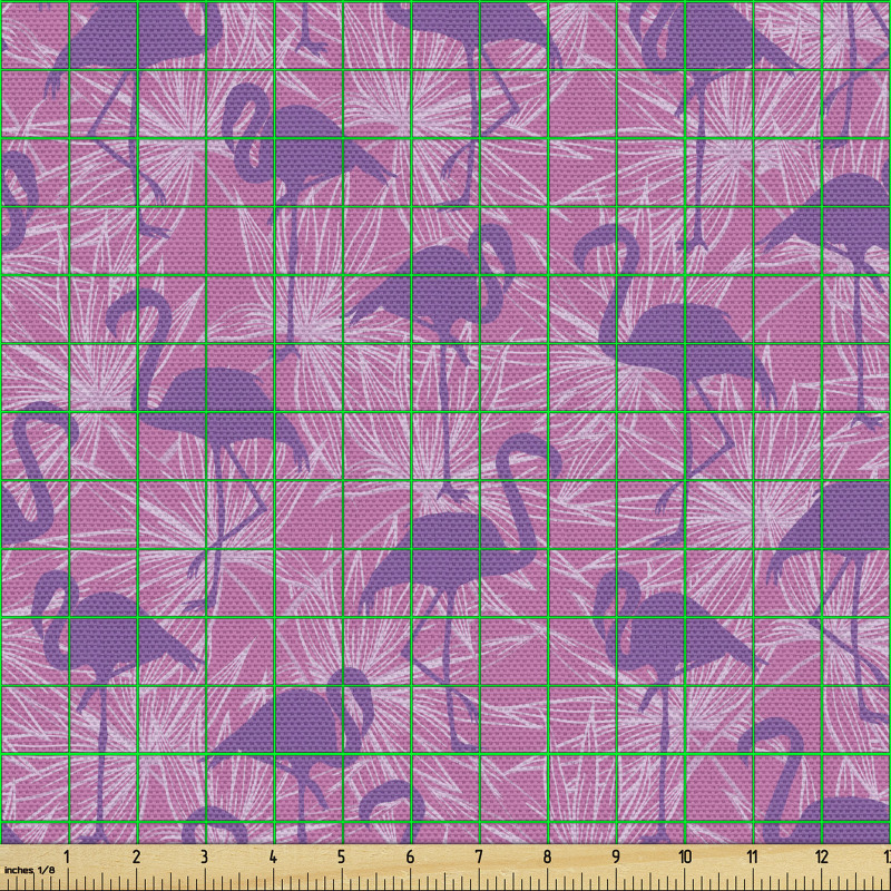 Canlı Parça Kumaş Botanik Yaprak Silüetli Zemindeki Flamingolar