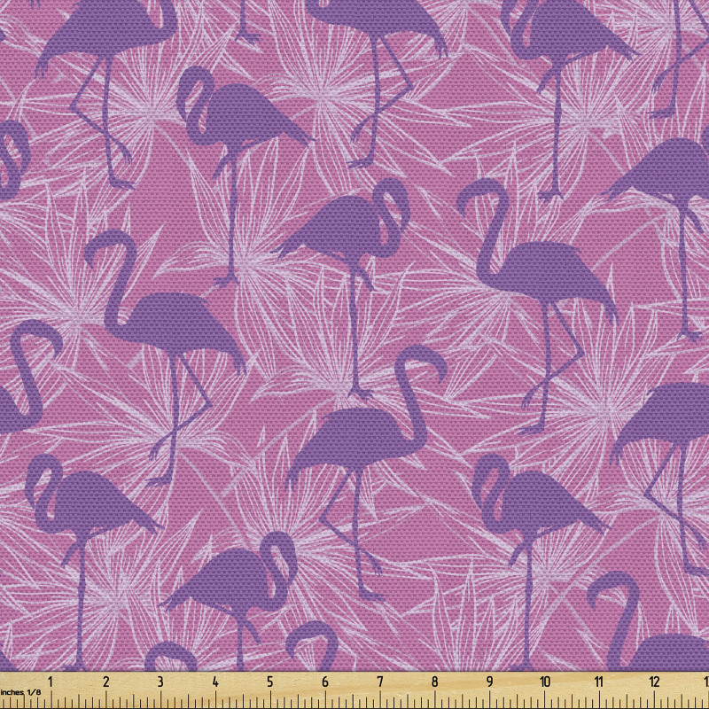 Canlı Parça Kumaş Botanik Yaprak Silüetli Zemindeki Flamingolar