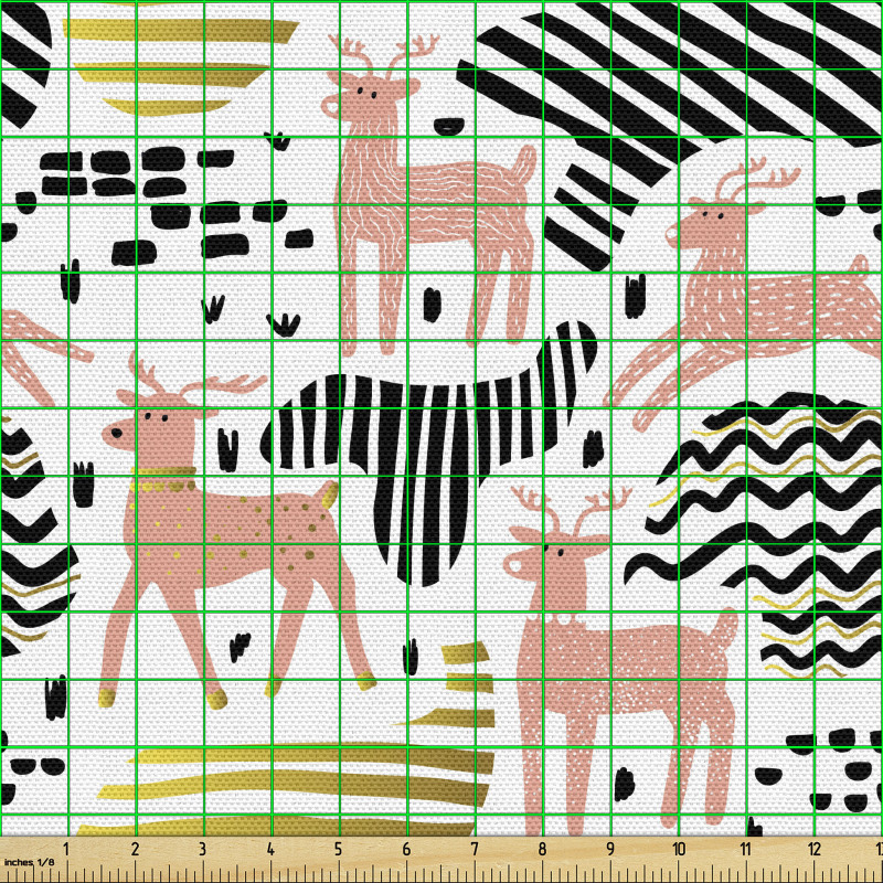 Hayvan Parça Kumaş Çizgisel Figürler ve Altın Detaylı Geyikler