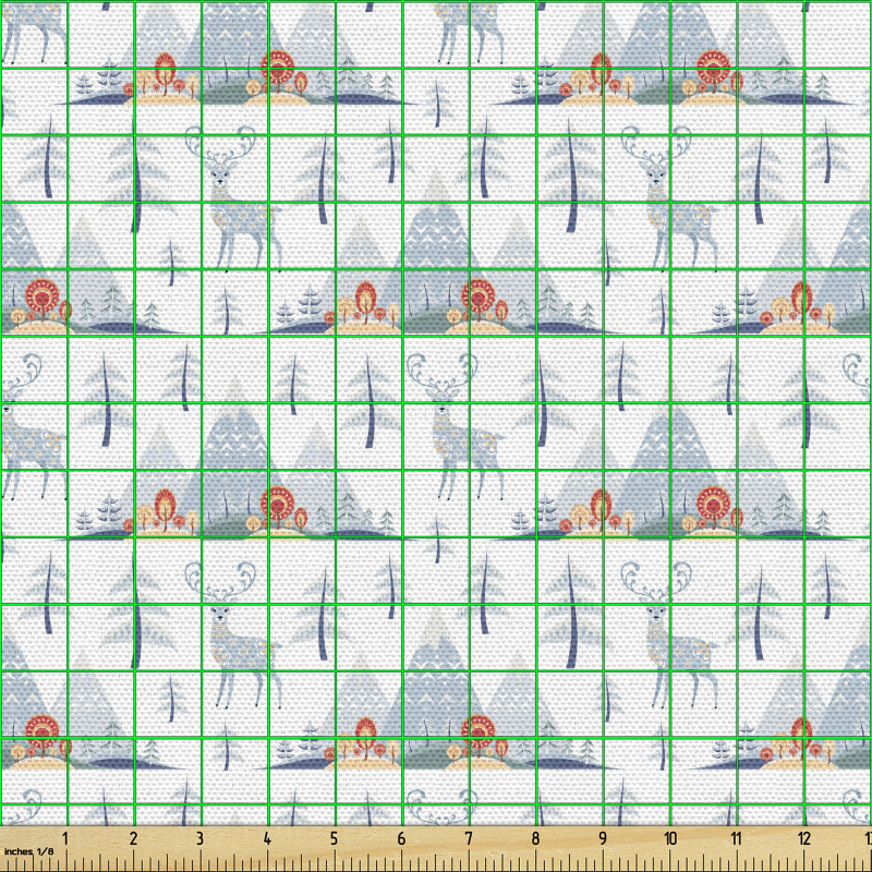 Doğa Parça Kumaş Karlı Dağ Önündeki Süslü Desenli Geyikler