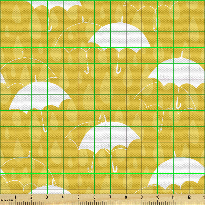 Doğa Parça Kumaş Sarı Zeminde Yağmur Damlası ve Şemsiye Çizimi
