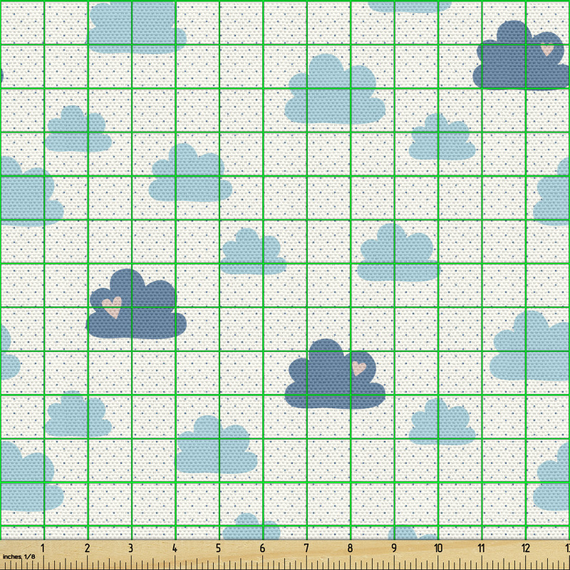 Hava Parça Kumaş Minik Puantiyeli Zeminde Kalpli Bulut Çizimi