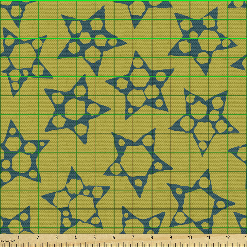 Geometrik Parça Kumaş Hardal Zeminde Yüzeyi Delikli Yıldızlar