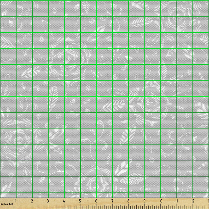 Bitki Parça Kumaş Gri Zeminde Çizgi Detaylı Beyaz Gül Tasarımı