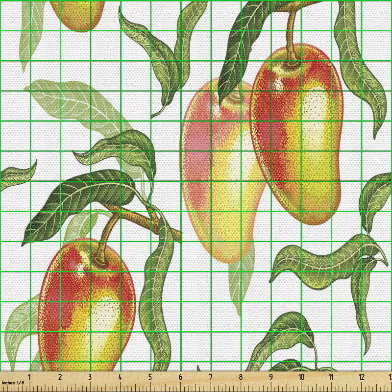 Floral Parça Kumaş Ağaç Dalındaki Şık Mango Meyvesi Desenli