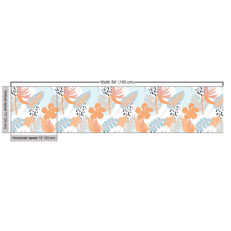 Floral Parça Kumaş Şeftali Çiçekler Mavi Yapraklar Desenli