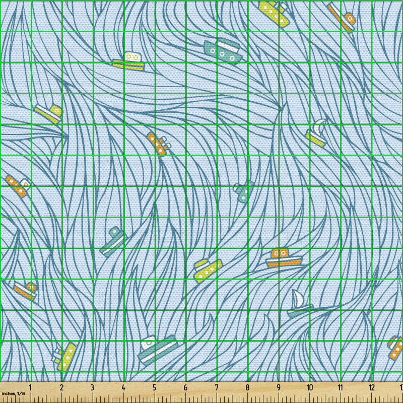 Okyanus Parça Kumaş Dalgalı Deniz Üstünde Minik Gemi Çizimleri