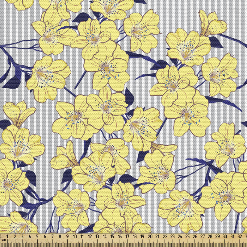 Bitki Parça Kumaş Dikey Çizgili Zemin Üstünde Sarı Şık Çiçekler