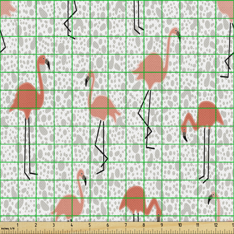 Egzotik Parça Kumaş Beyaz Gri Benekli Fon Üzerinde Flamingolar
