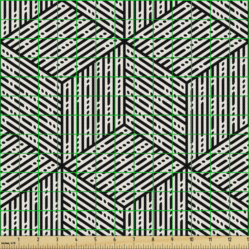 Geometrik Parça Kumaş Antrasit Beyaz Küpler Desenli Çizgili