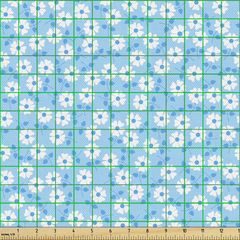 Floral Parça Kumaş Mavi Fon Beyaz Çiçekler