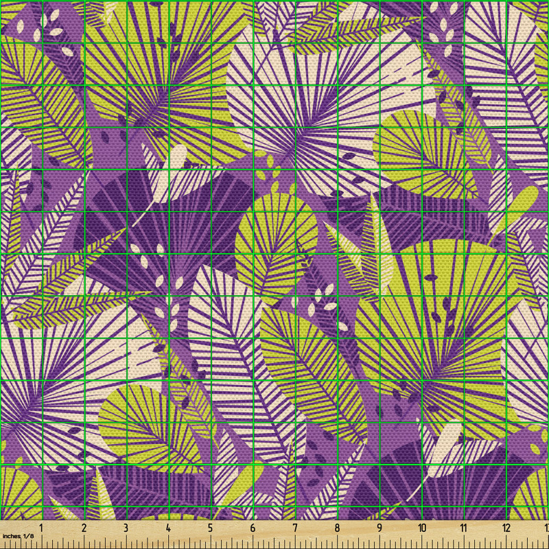 Tropikal Parça Kumaş Yeşil ve Mor Egzotik Yapraklar Desenli