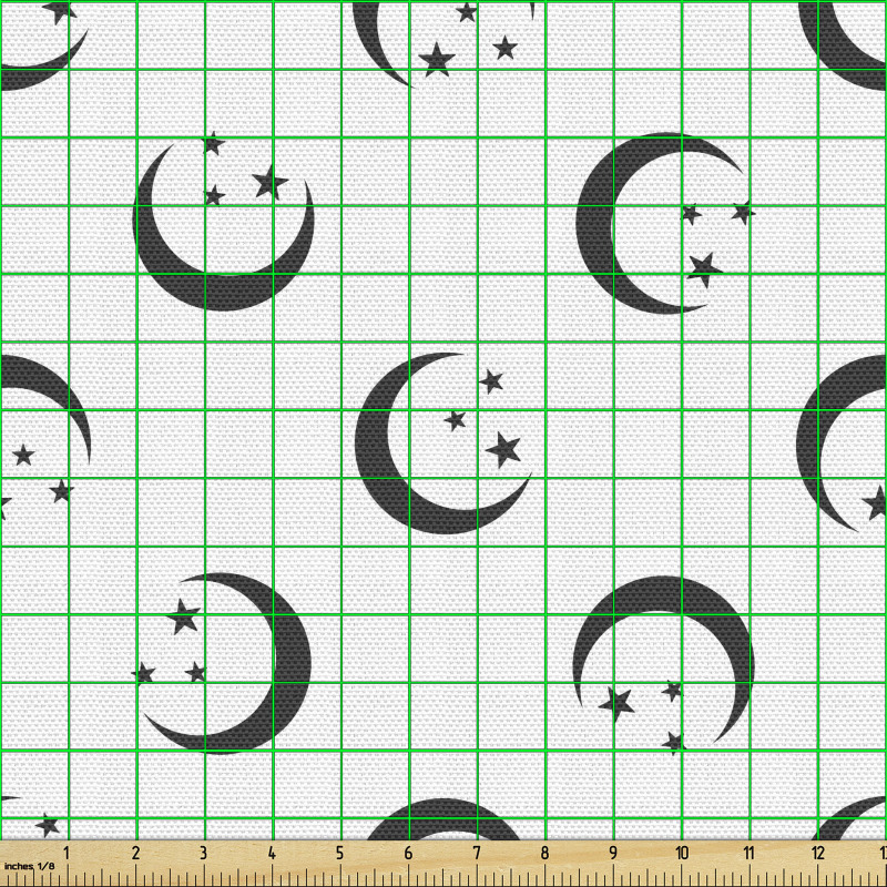 Astronomi Parça Kumaş Beyaz Fon Üzerindeki Ay ve Yıldız Desenli