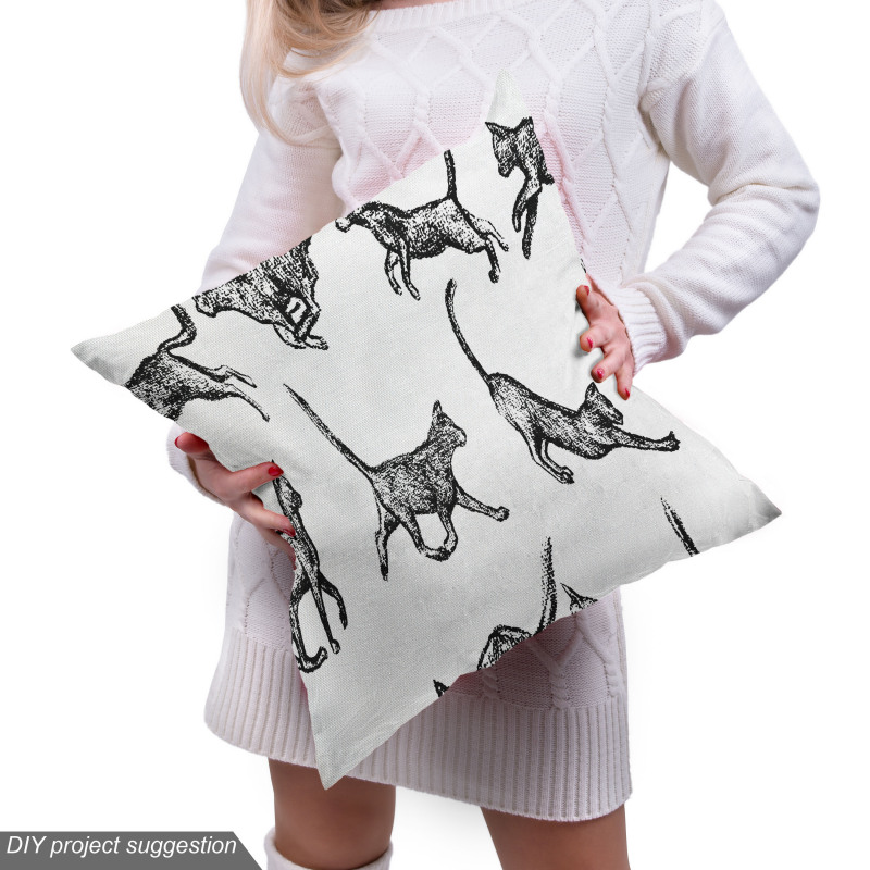 Hayvanlar Parça Kumaş El Çizimi Kedi Desenli Beyaz Antrasit