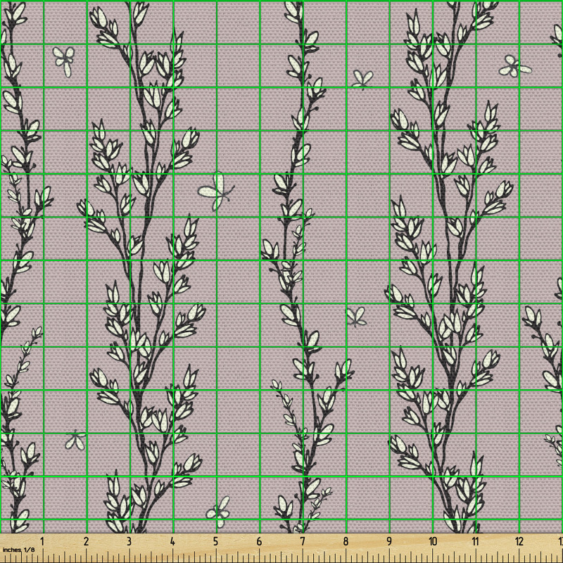 Botanik Parça Kumaş Dikey Kıvrımlı Dallar ve Kelebekler Model