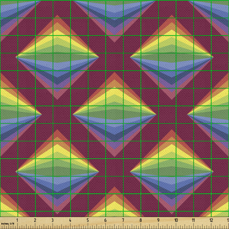Geometrik Parça Kumaş Bordo Zeminde Gökkuşağı Renkli Dörtgenler