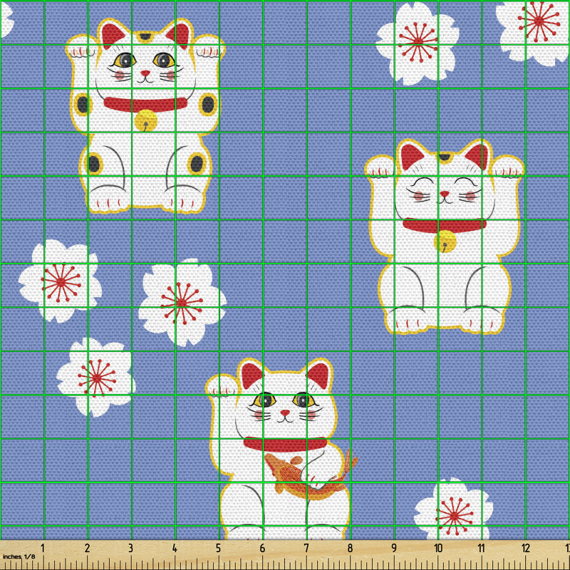 Hayvanlı Parça Kumaş Japon Kültürüne Özgü Sembolik Kedi Çizimi