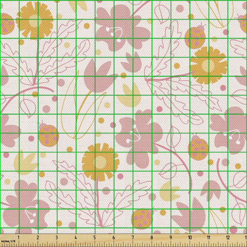Doğa Parça Kumaş Sevimli ve Çocuksu Çiçekler ile Uğur Böcekleri
